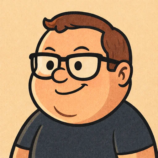 Cartoon-style portrait of Derek Colnar wearing glasses and a dark shirt